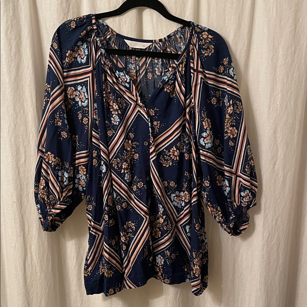 LC Lauren Conrad Navy Geometric Floral Blouse